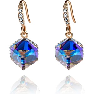 image:imageEVEVIC Austrian Crystal Cube Drop Earrings for Women14K Gold Plated  HypoallergenicGeometric Cube EarringsCrystal Dangle EarringsRhinestone FishhookEasy To WearGift for WomenBlueRose Goldtone
