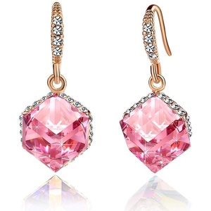 image:imageEVEVIC Austrian Crystal Cube Drop Earrings for Women14K Gold Plated  HypoallergenicGeometric Cube EarringsCrystal Dangle EarringsRhinestone FishhookEasy To WearGift for WomenPink