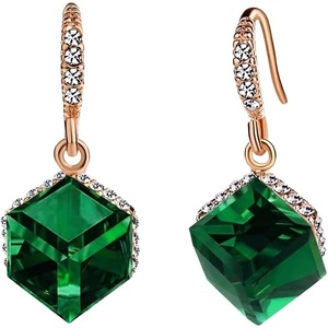 image:imageEVEVIC Austrian Crystal Cube Drop Earrings for Women14K Gold Plated  HypoallergenicGeometric Cube EarringsCrystal Dangle EarringsRhinestone FishhookEasy To WearGift for WomenEmerald