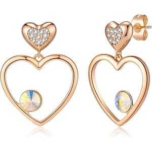 image:imageEVEVIC Austrian Crystal Double Gold Heart Dangle Earrings for Women 14K Gold Plated Hypoallergenic drop Earring Jewelry GiftAurora Borealis