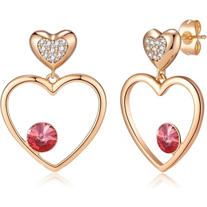 image:imageEVEVIC Austrian Crystal Double Gold Heart Dangle Earrings for Women 14K Gold Plated Hypoallergenic drop Earring Jewelry GiftPink
