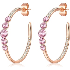 image:imageEVEVIC Austrian Crystal Half Hoop Earrings for Women Trendy 14K Rose Gold Plated Large Hoops Earring Jewelry GiftPink