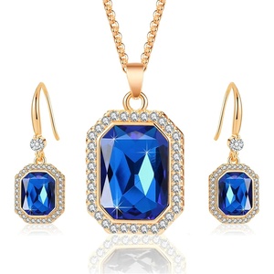 image:imageEVEVIC Austrian Crystal Halo Octagon Pendant Necklaces Earrings Set for Women 14K Gold Plated Fashion Dainty Hypoallergenic Jewelry Sets Royal Blue