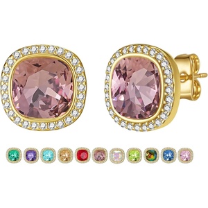 image:imageEVEVIC Austrian Crystal Halo Square Stud Earrings for Women 14K Gold Plated Birthstone Earring Hypoallergenic Jewelry GiftsAntique Pink