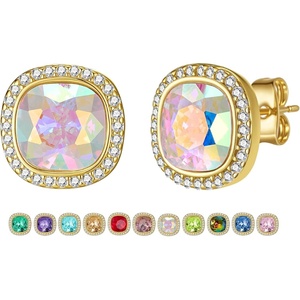 image:imageEVEVIC Austrian Crystal Halo Square Stud Earrings for Women 14K Gold Plated Birthstone Earring Hypoallergenic Jewelry GiftsAurora Borealis