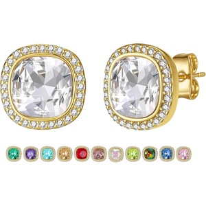 image:imageEVEVIC Austrian Crystal Halo Square Stud Earrings for Women 14K Gold Plated Birthstone Earring Hypoallergenic Jewelry GiftsClear WhiteApril