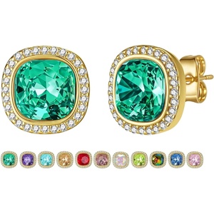 image:imageEVEVIC Austrian Crystal Halo Square Stud Earrings for Women 14K Gold Plated Birthstone Earring Hypoallergenic Jewelry GiftsGreen EmeraldMay
