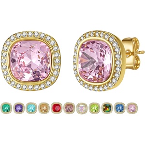 image:imageEVEVIC Austrian Crystal Halo Square Stud Earrings for Women 14K Gold Plated Birthstone Earring Hypoallergenic Jewelry GiftsPinkOct