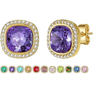 image:imageEVEVIC Austrian Crystal Halo Square Stud Earrings for Women 14K Gold Plated Birthstone Earring Hypoallergenic Jewelry GiftsPurple AmethystFeb