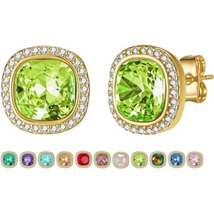 image:imageEVEVIC Austrian Crystal Halo Square Stud Earrings for Women 14K Gold Plated Birthstone Earring Hypoallergenic Jewelry GiftsYellow PeridotAug
