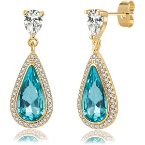 image:imageEVEVIC Austrian Crystal Halo Teardrop Dangle Drop Earrings for Women 14K Gold Plated Jewelry GiftsAquamarine