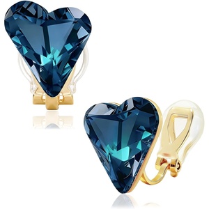 image:imageEVEVIC Austrian Crystal Heart Clip on Earrings for Women Trendy 14K Gold Plated Hypoallergenic Non Piercing Comfortable Earrings Jewelry GiftDark Blue