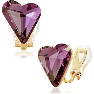 image:imageEVEVIC Austrian Crystal Heart Clip on Earrings for Women Trendy 14K Gold Plated Hypoallergenic Non Piercing Comfortable Earrings Jewelry GiftPurple