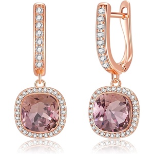 image:imageEVEVIC Austrian Crystal Leverback Square Cushion Halo Dangle Huggie Earrings for Women 14K Gold Plated Hypoallergenic Jewelry GiftAntique Pink