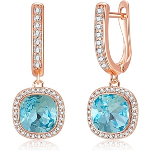 image:imageEVEVIC Austrian Crystal Leverback Square Cushion Halo Dangle Huggie Earrings for Women 14K Gold Plated Hypoallergenic Jewelry GiftAquamarine