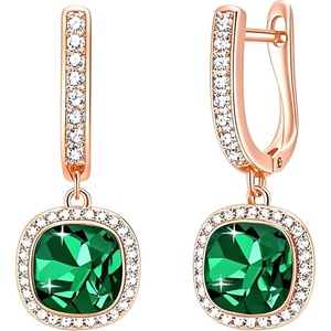 image:imageEVEVIC Austrian Crystal Leverback Square Cushion Halo Dangle Huggie Earrings for Women 14K Gold Plated Hypoallergenic Jewelry GiftEmerald Green