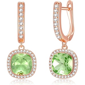 image:imageEVEVIC Austrian Crystal Leverback Square Cushion Halo Dangle Huggie Earrings for Women 14K Gold Plated Hypoallergenic Jewelry GiftFern Green