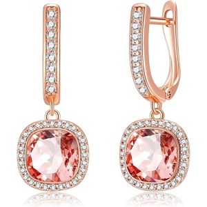 image:imageEVEVIC Austrian Crystal Leverback Square Cushion Halo Dangle Huggie Earrings for Women 14K Gold Plated Hypoallergenic Jewelry GiftPink