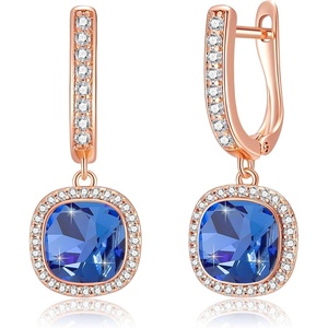image:imageEVEVIC Austrian Crystal Leverback Square Cushion Halo Dangle Huggie Earrings for Women 14K Gold Plated Hypoallergenic Jewelry GiftSapphire