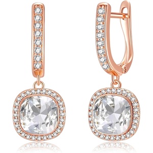 image:imageEVEVIC Austrian Crystal Leverback Square Cushion Halo Dangle Huggie Earrings for Women 14K Gold Plated Hypoallergenic Jewelry GiftWhite Clear