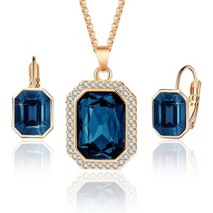 image:imageEVEVIC Austrian Crystal Octagon Pendant Necklaces Earrings Set for Women 14K Gold Plated Hypoallergenic Fashion Jewelry Sets Dark Blue