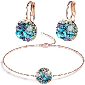 image:imageEVEVIC Austrian Crystal Rhinestone Leverback Drop Earrings and Bracelet Set for Women 14K Gold Plated Dainty Colorful Charm Jewelry Gift Blue Green