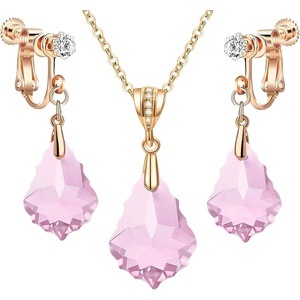image:imageEVEVIC Austrian Crystals Baroque Pendant Necklace Earrings for Women 14K Gold Plated Hypoallergenic Clip On Drop Dangle Earrings Jewelry Set pink