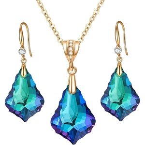 image:imageEVEVIC Austrian Crystals Baroque Pendant Necklace Earrings for Women 14K Gold Plated Hypoallergenic Hook Drop Dangle Earrings Jewelry Set Bermuda Blue