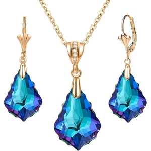 image:imageEVEVIC Austrian Crystals Baroque Pendant Necklace Earrings for Women 14K Gold Plated Hypoallergenic Leverback Drop Dangle Earrings Jewelry Set Bermuda Blue