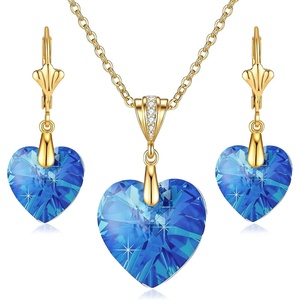image:imageEVEVIC Austrian Crystals Heart Pendant Necklace Earrings for Women 14K Gold Plated Hypoallergenic Leverback Drop Dangle Earring Jewelry SetBermuda Blue