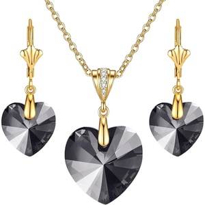 image:imageEVEVIC Austrian Crystals Heart Pendant Necklace Earrings for Women 14K Gold Plated Hypoallergenic Leverback Drop Dangle Earring Jewelry SetBlack