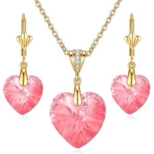 image:imageEVEVIC Austrian Crystals Heart Pendant Necklace Earrings for Women 14K Gold Plated Hypoallergenic Leverback Drop Dangle Earring Jewelry SetFuchsia