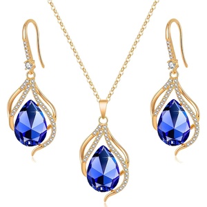 image:imageEVEVIC Austrian Crystals Teardrop Hollow Twisted Pendant Necklace Earrings for Women 14K Gold Plated Halo Drop Dangle Earrings Hypoallergenic Jewelry SetBermuda Blue