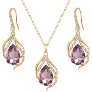 image:imageEVEVIC Austrian Crystals Teardrop Hollow Twisted Pendant Necklace Earrings for Women 14K Gold Plated Halo Drop Dangle Earrings Hypoallergenic Jewelry SetAntique Pink