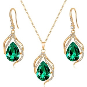 image:imageEVEVIC Austrian Crystals Teardrop Hollow Twisted Pendant Necklace Earrings for Women 14K Gold Plated Halo Drop Dangle Earrings Hypoallergenic Jewelry SetGreen