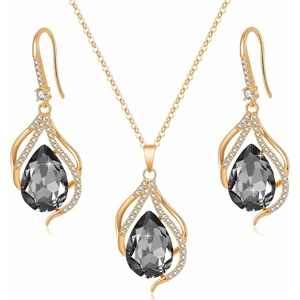 image:imageEVEVIC Austrian Crystals Teardrop Hollow Twisted Pendant Necklace Earrings for Women 14K Gold Plated Halo Drop Dangle Earrings Hypoallergenic Jewelry SetGreyBlack