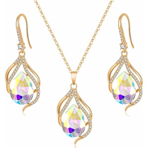 image:imageEVEVIC Austrian Crystals Teardrop Hollow Twisted Pendant Necklace Earrings for Women 14K Gold Plated Halo Drop Dangle Earrings Hypoallergenic Jewelry SetAurora Borealis