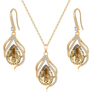 image:imageEVEVIC Austrian Crystals Teardrop Hollow Twisted Pendant Necklace Earrings for Women 14K Gold Plated Halo Drop Dangle Earrings Hypoallergenic Jewelry SetLight Topaz