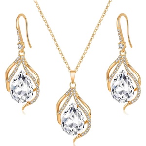 image:imageEVEVIC Austrian Crystals Teardrop Hollow Twisted Pendant Necklace Earrings for Women 14K Gold Plated Halo Drop Dangle Earrings Hypoallergenic Jewelry SetClear White