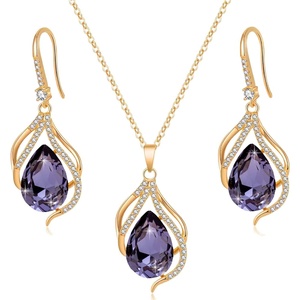 image:imageEVEVIC Austrian Crystals Teardrop Hollow Twisted Pendant Necklace Earrings for Women 14K Gold Plated Halo Drop Dangle Earrings Hypoallergenic Jewelry SetTanzanite