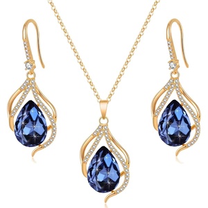 image:imageEVEVIC Austrian Crystals Teardrop Hollow Twisted Pendant Necklace Earrings for Women 14K Gold Plated Halo Drop Dangle Earrings Hypoallergenic Jewelry SetDark Blue