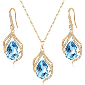 image:imageEVEVIC Austrian Crystals Teardrop Hollow Twisted Pendant Necklace Earrings for Women 14K Gold Plated Halo Drop Dangle Earrings Hypoallergenic Jewelry SetAquamarine
