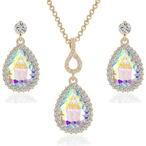 image:imageEVEVIC Austrian Crystals Teardrop Pendant Necklace Earrings for Women 14K Gold Plated Hypoallergenic Jewelry SetAurora Borealis