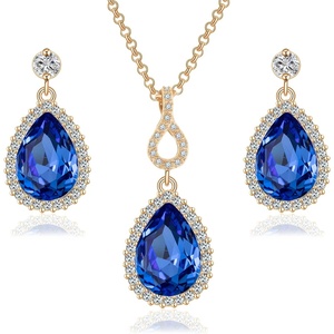 image:imageEVEVIC Austrian Crystals Teardrop Pendant Necklace Earrings for Women 14K Gold Plated Hypoallergenic Jewelry SetBermuda Blue