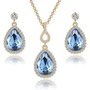 image:imageEVEVIC Austrian Crystals Teardrop Pendant Necklace Earrings for Women 14K Gold Plated Hypoallergenic Jewelry SetDark Blue