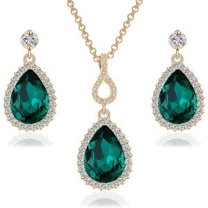 image:imageEVEVIC Austrian Crystals Teardrop Pendant Necklace Earrings for Women 14K Gold Plated Hypoallergenic Jewelry SetGreen