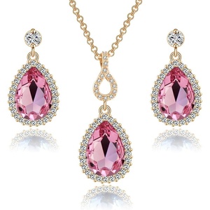 image:imageEVEVIC Austrian Crystals Teardrop Pendant Necklace Earrings for Women 14K Gold Plated Hypoallergenic Jewelry SetPink
