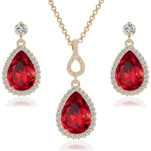 image:imageEVEVIC Austrian Crystals Teardrop Pendant Necklace Earrings for Women 14K Gold Plated Hypoallergenic Jewelry SetRed