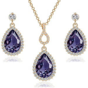 image:imageEVEVIC Austrian Crystals Teardrop Pendant Necklace Earrings for Women 14K Gold Plated Hypoallergenic Jewelry SetTanzanite