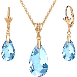 image:imageEVEVIC Austrian Crystals Teardrop Pendant Necklace Earrings for Women 14K Gold Plated Hypoallergenic Leverback Drop Dangle Earrings Jewelry SetAquamarine